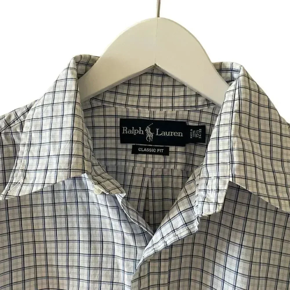 RALPH LAUREN Mens Blue Tattersall Button Down Cotton Shirt 15 1/2